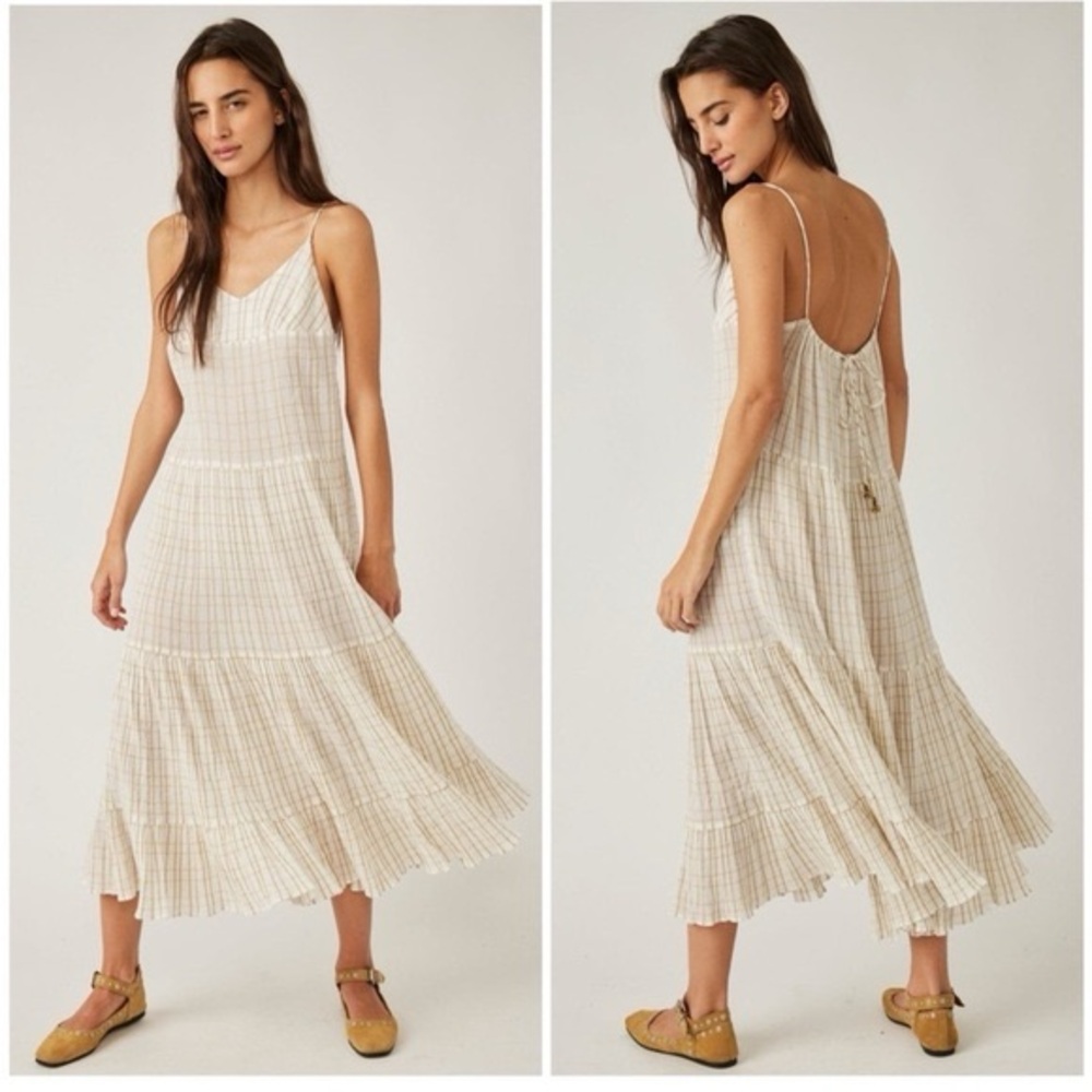 NWOT Free People marigold maxi dress in canvas combo, grid pattern.
